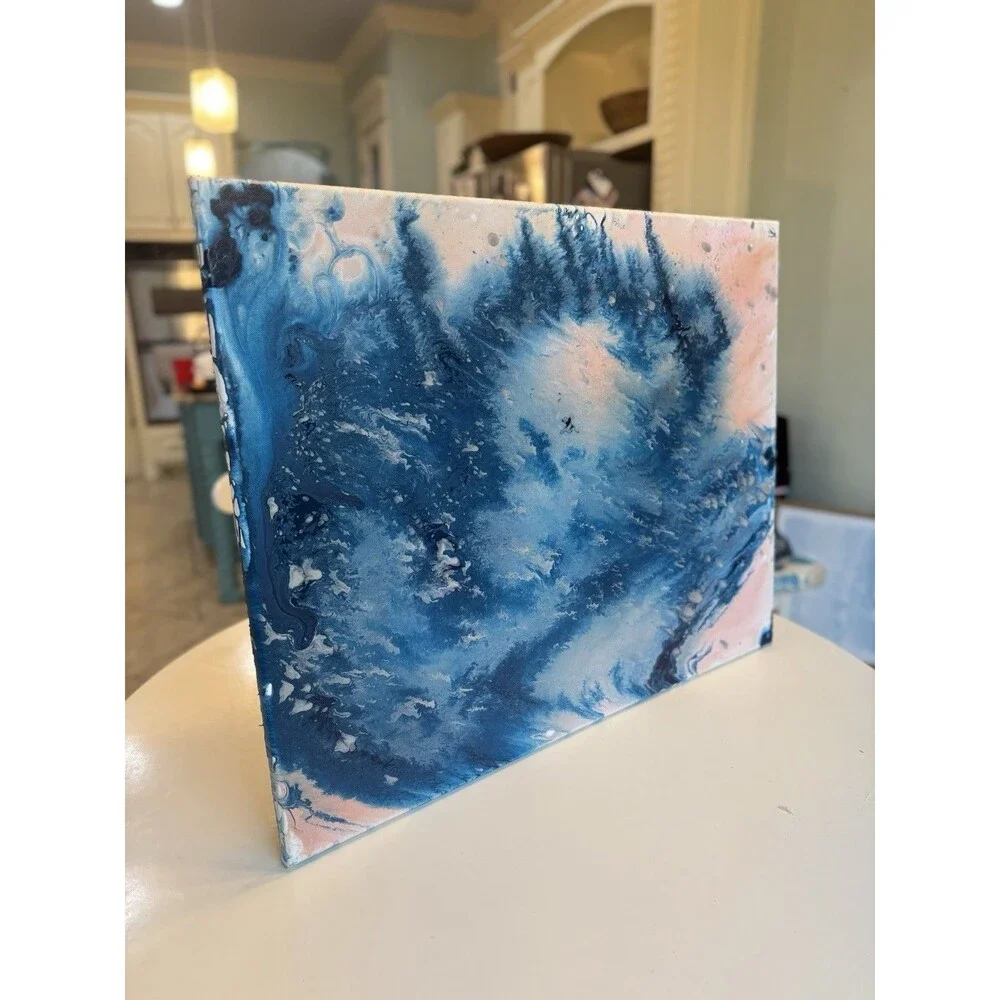 Original Abstract Painting Blue & Blush Pink Coastal Forest Wall Art – 24” x 30”